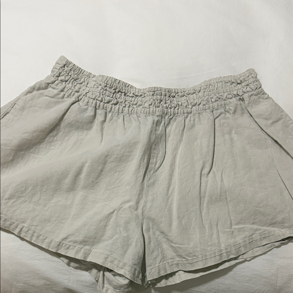 Anthropologie Neutral Smocked High-Waist Linen-Blend Shorts